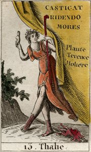 Darstellung von Thalia, Muse der Komödie und idyllischen Poesie, gekrönt mit Efeu, trägt Stiefel, hält eine Komödienmaske in der Hand und einen Hirtenstab. Aus „Mythologie der Jugend“ von Pierre Blanchard 1803 von French School
