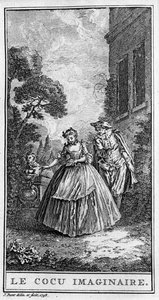 Darstellung einer Szene aus dem Stück „Sganarelle ou le cuckold imaginaire“ (1660) von Jean Baptiste Poquelin genannt Moliere (1622-1673). Gravur von 1738.