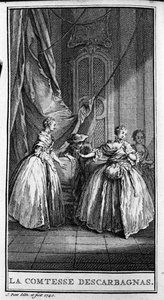 Darstellung einer Szene aus dem Stück „Die Gräfin von Escarbagnas“ (1671) von Jean Baptiste Poquelin genannt Moliere (1622-1673). Gravur von 1740. von French School