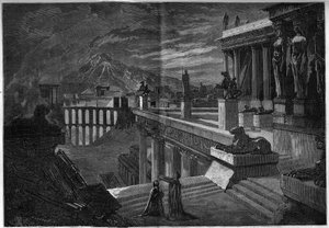 Darstellung einer Oper: „Herculanum“ auf einem Libretto von Joseph Méry (1798-1866) und T. Hadot und Musik von Félicien David (1808-1876). Die Stadt Herculanum zur Zeit ihrer Zerstörung während des Ausbruchs des Vesuvs (letzte Szene des 5. Akts).