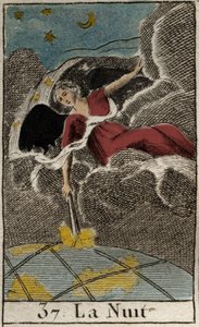 Darstellung der Nacht (Nyx), Göttin der Dunkelheit. Aus „Mythologie der Jugend“ von Pierre Blanchard 1803.
