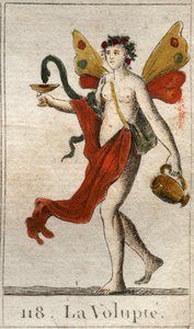 Darstellung der Volupté, nackte Frau mit Rosen gekrönt, sie hält einen Becher oder eine Schlange zieht einen köstlichen Likör. Aus „Mythologie de la jeunesse“ von Pierre Blanchard 1803.