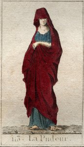 Darstellung der Gottheit der Bescheidenheit, einer jungen Frau mit einem Schleier bedecktem Gesicht. Aus „Mythologie der Jugend“ von Pierre Blanchard 1803