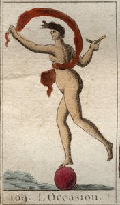 Darstellung der Gottheit der Gelegenheit, einer kahlen jungen Frau, mit einem Haarbüschel, um sie greifen zu können, sie rollt auf einem Rad, sie hält ein Rasiermesser und einen Schleier. Aus „Mythologie der Jugend“ von Pierre Blanchard 1803 von French School