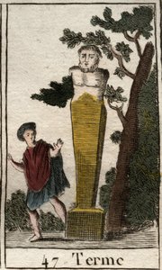 Darstellung des Gottes Terme, in Form eines Terminals, um Besitz und Land zu markieren. Aus „Mythologie de la jeunesse“ von Pierre Blanchard 1803.