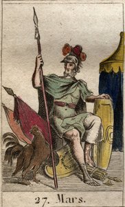 Darstellung des Kriegsgottes Mars, bewaffnet, neben einem Hahn. Aus „Mythologie de la jeunesse“ von Pierre Blanchard 1803.