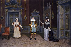 Darstellung des Stücks "Les femmes savantes" von Jean Baptiste Poquelin dit Moliere (1622-1673) an der Comédie-Française um 1885-1890. Von links nach rechts: Frau Rachel Boyer, Herr Leloir, Frau Blanche Pierson von French School