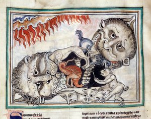 Darstellungen der Kreaturen der Unterwelt, die die Verdammten schlagen. Miniatur aus Die Apokalypse von Cambrai, illuminiert von der französischen Schule des 13. Jahrhunderts. Ms. 422. Stadtbibliothek, Cambrai