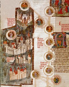 Darstellungen verschiedener befestigter Städte, einschließlich Troja. Seite aus dem Manuskript „Genealogie de la Bible“ der französischen Schule. 14. Jahrhundert Cremona, Biblioteca Governativa von French School