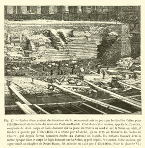 Reste eines Hauses aus dem zwölften Jahrhundert, kürzlich durch Ausgrabungen für den Bau des neuen Pont-au-Double freigelegt von French School