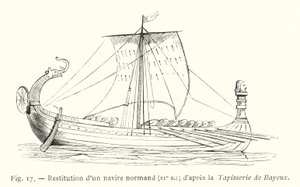 Rekonstruktion eines normannischen Schiffes, XI. Jh.; nach dem Teppich von Bayeux (Stich) von French School