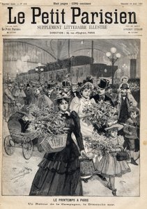 Rückkehr vom Land an einem Frühlingssonntagabend: Reisende verlassen die Züge eines Pariser Bahnhofs nach einem Spaziergang entlang der Marne oder der Seine. Frühling in Paris. In der Zeitung Le Petit Parisien am 16.04.1893 (Gravur)
