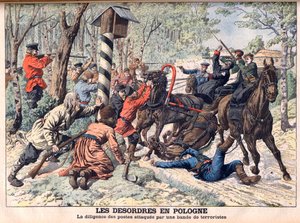 Revolutionär in Polen - Terroristen greifen eine Postkutsche in Polen an. Die Unruhen in Polen. Postkutsche von einer Bande Terroristen angegriffen. Illustration für Le Petit Journal.