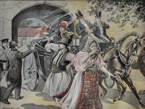 Revolverangriff auf Milan Obrenovich (1854-1901) ehemaliger König von Serbien (1882 bis 1889) am 7. Juli 1899 in den Straßen von Sofia. Gravur in „Le Pèlerin“ 23.07.1899