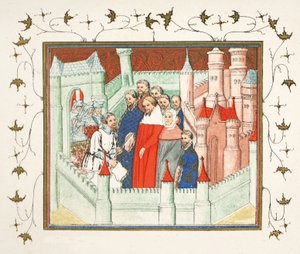 Richard II. auf Schloss Flint, wo er als Gefangener an Bolingbroke, seinen Rivalen um den Thron, übergeben wurde, Faksimile-Kopie aus Le Prinse et Mort du Roy Richart von Jean Creton, nachgedruckt im 19. Jahrhundert (farbig) von French School