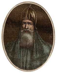 Riourik, warägischer Prinz des 9. Jahrhunderts - Porträt von Rurik, einem warägischen Häuptling und Gründer der Kiewer Rus - „New National Encyclopedia“ von Maurice La Charest - 1870. von French School