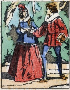 Riquet stellt sich der Prinzessin erneut vor. Illustration für „Riquet mit der Locke“, Märchen von Charles Perrault (1628-1703), französischer Schriftsteller. Holzstich von Imaging Pellerin - Epinal, sp. Ende des 19. Jahrhunderts. von French School