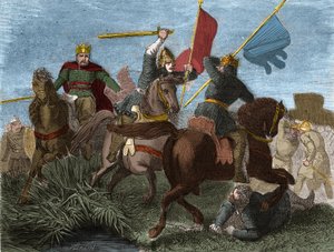 Robert I. von Frankreich, gekrönt zum König der Franken, getötet von einem Soldaten von Karl III. Gravur in "Histoire de France populaire" von Henri Martin. 19. Jahrhundert.