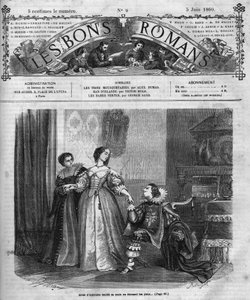 Romanserie: „Die drei Musketiere“ von Alexandre Dumas père. Anne von Österreich überreicht dem Herzog von Buckingham eine Schachtel mit ihren Diamantspangen. Illustration von Kapitel XII. Gravur in „Les bons romans“