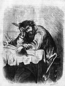 Römische Seifenoper: „Horace“ von George Sand (Aurore Dupin, Baronne Dudevant) (1804-1876). „Horace war mit literarischen Essays beschäftigt.“ Gravur in „Les bons romances“