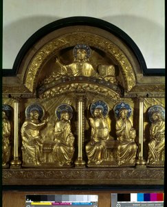 Romanische Kunst: Altarbild von Pfingsten: Antependium aus Holz, Kupfer und Emaille (Detail). Aus Stavelot (Maas) um 1160-1170. Paris, Nationalmuseum des Mittelalters, Thermen von Cluny