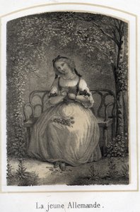 Romantik: eine junge deutsche Frau sitzt auf einer Bank und zupft eine Gänseblümchen, während sie an ihren Liebhaber denkt. Anonyme Gravur des 19. Jahrhunderts von French School