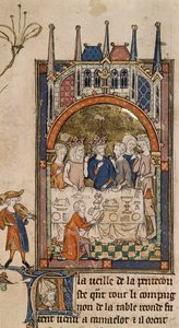 König Arthurs Festmahl, König Arthur und Guinevere bei einem Bankett, mit einem Diener, der vor dem Tisch kniet und Brot schneidet, aus 