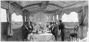Russischer kaiserlicher Zug, genutzt vom Herzog und der Herzogin von Edinburgh im Jahr 1874: der Speisewagen. Gravur in „Le Monde Illustré“ Nr. 886 vom 6. April 1874 von French School