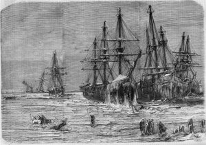 Russische Schiffe, die im Eis am Mündungsgebiet des Dnepr im Schwarzen Meer gefangen sind