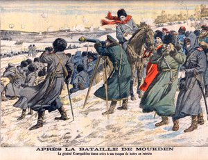 Russisch-Japanischer Krieg - Nach der Schlacht von Mukden Der russische Kommandant, General Kuropatkin, befiehlt den Rückzug seiner Armee. Russisch-Japanischer Krieg (1904-1905) - Nach der Schlacht von Mukden. General Kuropatkin befiehlt seinen Truppen den