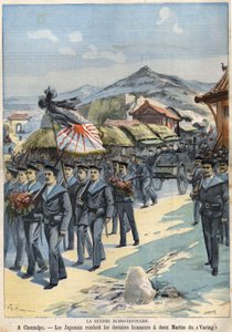Russisch-Japanischer Krieg in Chemulpo, die Japaner erweisen zwei Matrosen der Virag die letzten Ehren. Le Petit Parisien vom 3. April