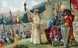 Bernhard von Clairvaux (San Bernardo di Chiaravalle) predigt den Zweiten Kreuzzug in Anwesenheit von König Ludwig VII. und Königin Alienor von Aquitanien und Abt Suger, in Vézelay in Burgund am 31. März 1146. (St. Bernard predigt den Zweiten Kreuzzug in Vé