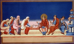Der heilige Hieronymus erklärt Eustochia und Paule das Evangelium, 9. Jahrhundert