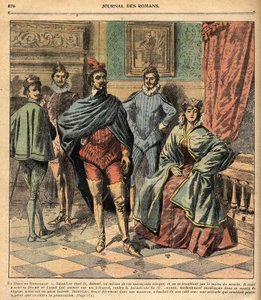 Saint Luke bringt seine Frau Jeanne. Illustration des Romans „La Dame de Monsoreau“ von Alexandre Dumas. In „Journal des novels populaires illustrés“