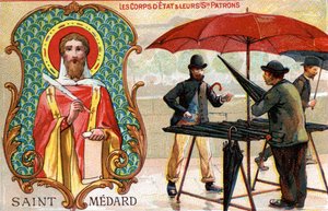 Heiliger Médard, Schutzpatron der Regenschirmverkäufer, ca. 1910 von French School
