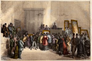 Gemäldeauktion im Hotel der Auktionatoren in Paris im Jahr 1868. Gravur in „L