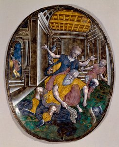 Samson und Delila. Samson verliert seine Kraft, nachdem Delila ihm die Haare geschnitten hat. Limoges-Buch. Um 1575. London, Victoria and Albert Museum