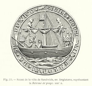 Siegel der Stadt Sandwich, England, Darstellung des Heckkastells, XIII. Jh. (Stich) von French School