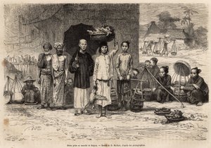 Marktszene in Saigon, Gravur nach einer Zeichnung von D. Maillard, die die Reise nach Cochinchina von Doktor Morice in 1872 illustriert, veröffentlicht in "Le tour du monde" 1875, herausgegeben von Edouard Charton, Hachette-Ausgabe, Paris. Selva-Sammlung