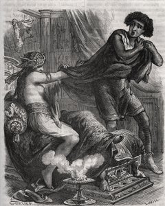 Szene aus der Bibel: "Sie ergriff den zu tugendhaften jungen Mann bei seiner Tunika". Die Frau von Putiphar versucht, Joseph, einen Sklaven des Pharaos, zu verführen. Gravur von 1871 in "Histoire Des Cocus Celebres" von Henry de Kock (1819-1892) von French School