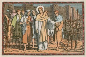 Szene aus dem Leben Jesu (farbige Gravur)