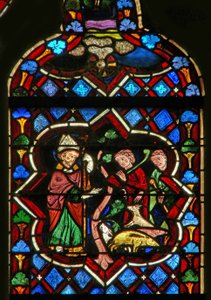 Szene im Ostfenster, Darstellung von St. Samson verwandelt Schweine in Ziegen von French School