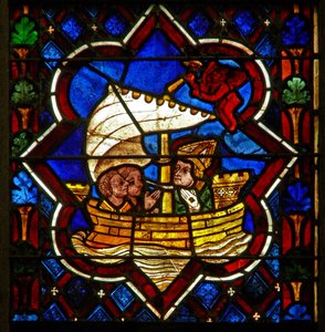 Szene im Ostfenster, Darstellung von St. Samson überquert den Ärmelkanal