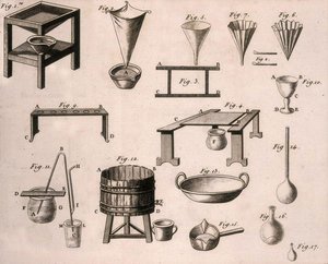 Wissenschaftliche Ausrüstung, aus Die Elemente der Chemie von Antoine Laurent de Lavoisier, graviert von D.Lizars, 1796