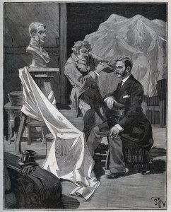 Bildhauerei, Werkstatt eines Bildhauers, Fokus und Skulptur einer Büste. Gravur von 1880 in „Les arts et métiers illustrés“ von Adolphe Bitard. von French School