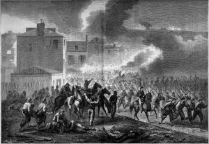 Sezessionskrieg (1861-1865) oder Amerikanischer Bürgerkrieg: Evakuierung der Stadt Corinth (Mississippi) im Jahr 1862. Gravur in „Le Monde Illustré“ Nr. 275 vom 19. Juli 1862
