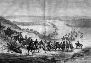 Sezessionskrieg (1861-1865) oder Amerikanischer Bürgerkrieg: Überquerung des Potomac durch die Südstaatenkavallerie von General Stuart. Gravur in „Le Monde Illustré“ Nr. 293 vom 22. November