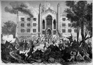 Sezessionskrieg oder Amerikanischer Bürgerkrieg (1861-1865) - New York - Juli 1863: Widerstand gegen die Einberufung, Aufständische setzen das Waisenhaus der Farbigen in New York City während der „Draft Riots“ in Brand. Gravur in „Le Monde Illustré“ Nr. 33