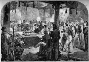Zweiter Opiumkrieg zwischen Frankreich und England und China (1858-1860) - Unterzeichnung des Tianjin-Vertrags (Tientsin) im Jahr 1858: Englische und französische Botschafter Lord Elgin (James Bruce) von French School