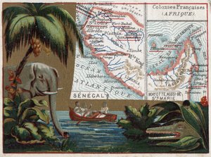 Senegal, Mayotte, Ile de Sainte Marie, Nossi Be (Nossi-be oder Nosy-be oder Nosy be), Afrika. Elefant, Krokodil und Boot in einem Fluss. Serie über die französischen Kolonien. Chromolithographie „der geografische Faden“, um 1920. Private Sammlung